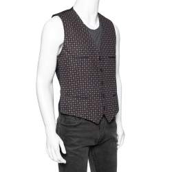 Pre Owned Dolce & Gabbana Navy Blue & Brown Printed Cotton Waistcoat L