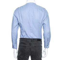 مملوكة مسبقًا قميص دولتشي أند غابانا قطن أزرق وحافة تريكو مضلع أزرار أمامية بطاقة ذهبية مقاس متوسط (ميديوم)