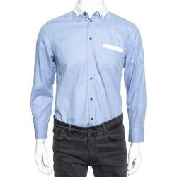 مملوكة مسبقًا قميص دولتشي أند غابانا قطن أزرق وحافة تريكو مضلع أزرار أمامية بطاقة ذهبية مقاس متوسط (ميديوم)