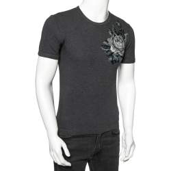 Pre Owned Dolce & Gabbana Charcoal Grey Cotton Knit Patch Detail T-Shirt XS
