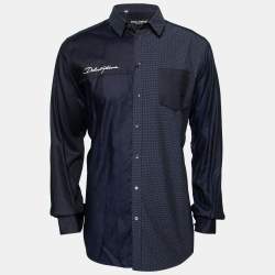 Pre Owned قميص دولتشي أند غابانا بطيات قطن أزرق كحلي بأزرار أمامية مقاس كبير جداً جداً ( إكس إ كس لارج )