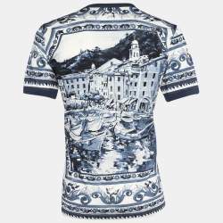 Pre Owned Dolce & Gabbana White and Blue Ceramic Printed Crew Neck T-Shirt XXL