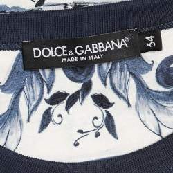 Pre Owned Dolce & Gabbana White and Blue Ceramic Printed Crew Neck T-Shirt XXL