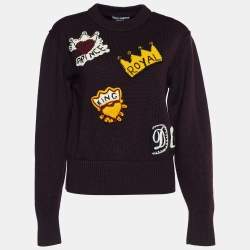 مملوكة مسبقًا Dolce & Gabbana Burgundy Wool Knit Royalty Patch Detail Sweater M