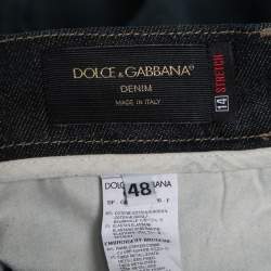 Pre Owned Dolce & Gabbana Blue Distressed Denim Crest-Embroidered 14 Stretch Jeans M Waist 32"