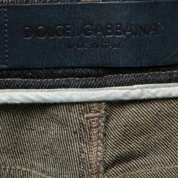 Pre Owned Dolce & Gabbana Blue Distressed Denim Crest-Embroidered 14 Stretch Jeans M Waist 32"