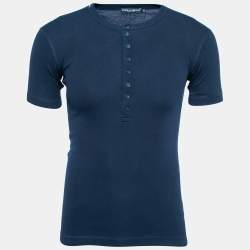 مملوكة مسبقًا Dolce & Gabbana Navy Blue Stretch Cotton Buttoned T-Shirt S