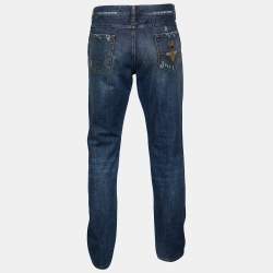 مملوكة مسبقًا Dolce & Gabbana Blue Distressed Denim Bee Embroidered Jeans XL