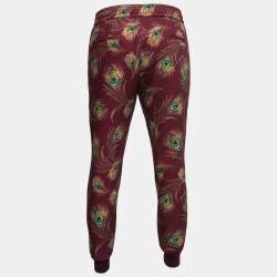Pre Owned Dolce & Gabbana Burgundy Peacock Feather Print Jersey Jogger Pants M