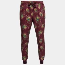 Pre Owned Dolce & Gabbana Burgundy Peacock Feather Print Jersey Jogger Pants M
