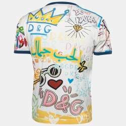 Pre Owned Dolce & Gabbana White Cotton Graffiti Print V-Neck T-Shirt L