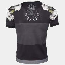 Pre Owned Dolce & Gabbana  Grey & Black Striped Floral Printed Cotton Round Neck T-Shirt XS