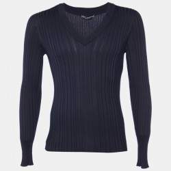 Pre Owned Dolce & Gabbana Navy Blue Rib Knit V-Neck Pullover L