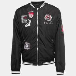 Pre Owned Dolce & Gabbana Black Nylon Patch Detail Zip Front Bomber Jacket XL