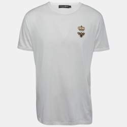 Pre Owned Dolce & Gabbana White Cotton Crown & Bee Embroidered Half Sleeve T-Shirt XXL