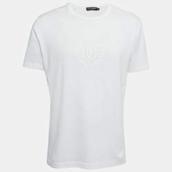 Pre Owned Dolce & Gabbana White Logo Embroidered Cotton Crew Neck Half Sleeve T-Shirt XXL