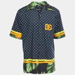 Pre Owned Dolce & Gabbana Navy Blue Pineapple Dotted Print Cotton Half Sleeve Button Front Shirt L