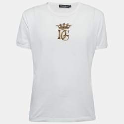 Pre Owned Dolce & Gabbana White Cotton DG Crown Embroidered Fitted T-Shirt XL