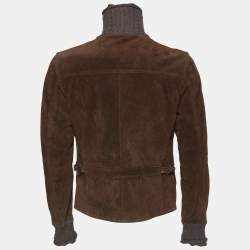 Pre Owned Dolce & Gabbana Brown Suede Knit Trim Zip Front Jacket L