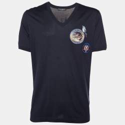 Pre Owned Dolce & Gabbana Black Cotton Knit Applique Detail V-Neck T-Shirt XXL
