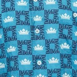 Pre Owned Dolce & Gabbana Blue Crown Emblem Printed Linen Short Sleeve Shirt XL