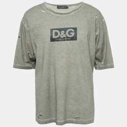 Pre Owned Dolce & Gabbana Grey Logo Print Distressed Cotton Half Sleeve T-Shirt M