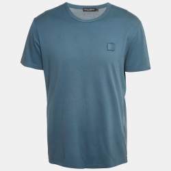 Pre Owned Dolce & Gabbana Blue Cotton Logo Applique Half Sleeve T-Shirt XL