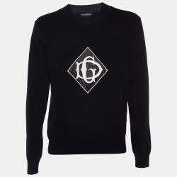 Pre Owned Dolce & Gabbana Black Wool DG Appliqued V-Neck Sweater L