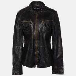 Pre Owned Dolce & Gabbana Black Leather Zip Front Jacket L