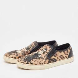 Pre Owned Dolce & Gabbana Brown/Black Leather Leopard print Slip On Sneakers Size 40.5