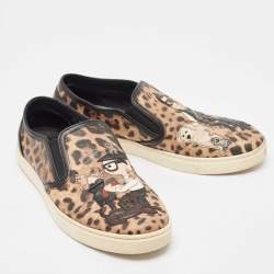 Pre Owned Dolce & Gabbana Brown/Black Leather Leopard print Slip On Sneakers Size 40.5