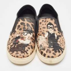Pre Owned Dolce & Gabbana Brown/Black Leather Leopard print Slip On Sneakers Size 40.5