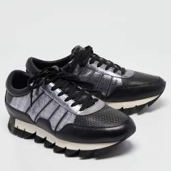 Pre Owned Dolce & Gabbana Black/Silver Perforated Leather And Suede Sorrento Lace Up Sneakers Size 43