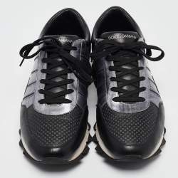 Pre Owned Dolce & Gabbana Black/Silver Perforated Leather And Suede Sorrento Lace Up Sneakers Size 43