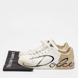Dolce & Gabbana White/Gold Leather Portofino Lace Up Sneakers Size 42