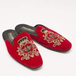 Dolce & Gabbana Red Velvet Embroidered Mules Size 41