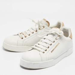 Pre Owned Dolce & Gabbana White/Gold Leather Portofino Sneakers Size 42.5