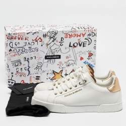 Pre Owned Dolce & Gabbana White/Gold Leather Portofino Sneakers Size 42.5