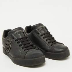 Dolce & Gabbana Black Leather Portofino Crown Patch Sneakers Size 41