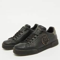 Dolce & Gabbana Black Leather Portofino Crown Patch Sneakers Size 41