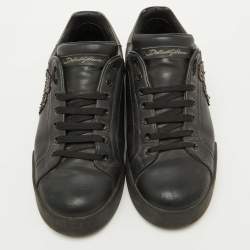 Dolce & Gabbana Black Leather Portofino Crown Patch Sneakers Size 41