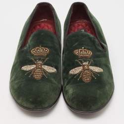 Dolce & Gabbana Green Velvet Bee Embraided Slip On Loafers Size 42