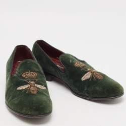 Dolce & Gabbana Green Velvet Bee Embraided Slip On Loafers Size 42