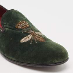 Dolce & Gabbana Green Velvet Bee Embraided Slip On Loafers Size 42