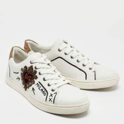 Dolce & Gabbana White Leather Heart Embellished Lace Up Sneakers Size 42