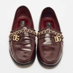 Dolce & Gabbana Burgundy Leather DG Chain Link Slip On Loafers Size 42
