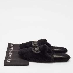 Dolce & Gabbana Black Fur Crown Crystal Embellished Flat Mules Size 44