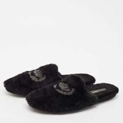 Dolce & Gabbana Black Fur Crown Crystal Embellished Flat Mules Size 44