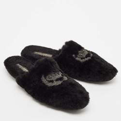 Dolce & Gabbana Black Fur Crown Crystal Embellished Flat Mules Size 44