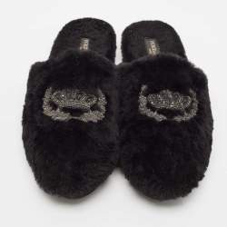 Dolce & Gabbana Black Fur Crown Crystal Embellished Flat Mules Size 44